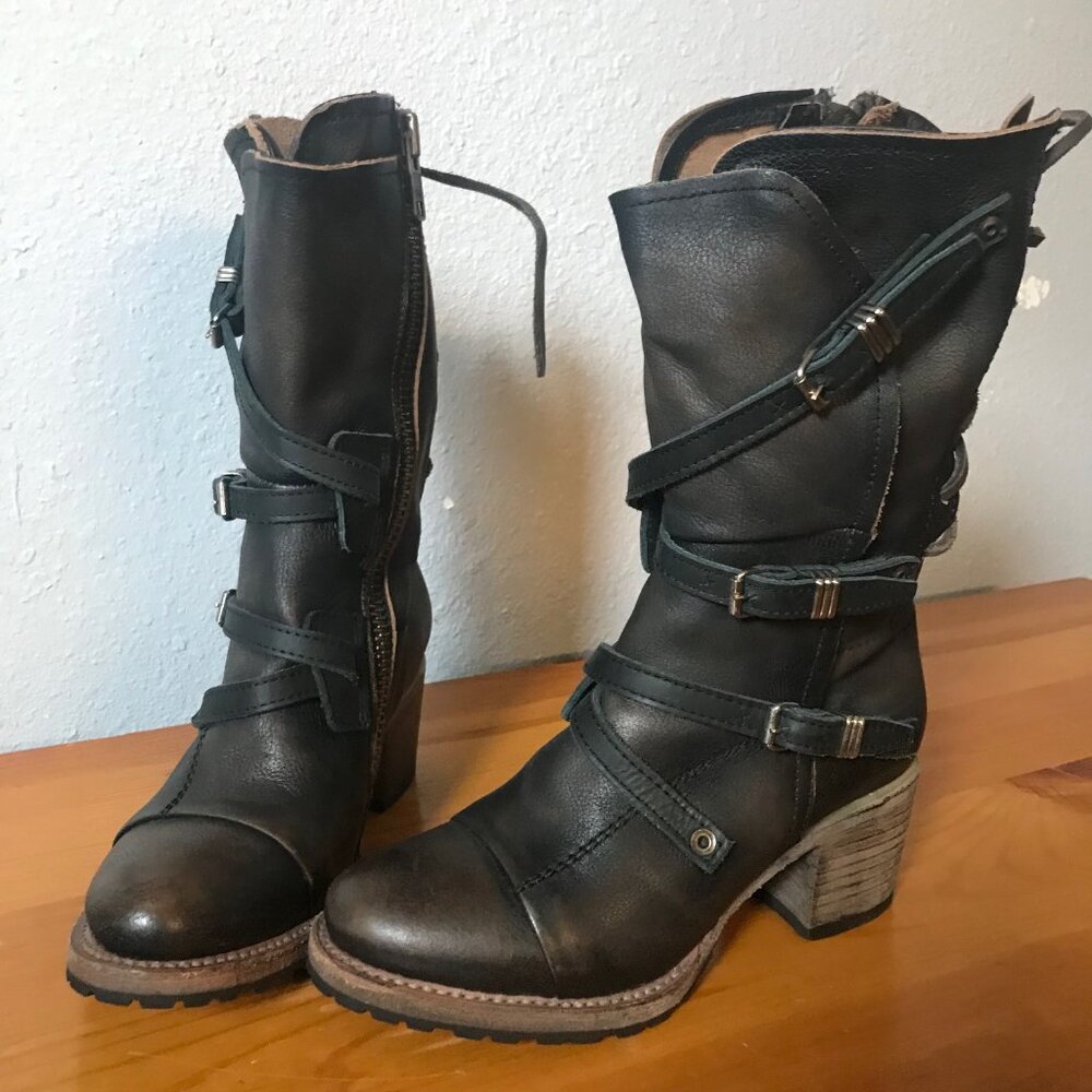 Freebird by Steven Cora Boots 6 EU 36 Zipper Back Lace Heels Leather Brown Black